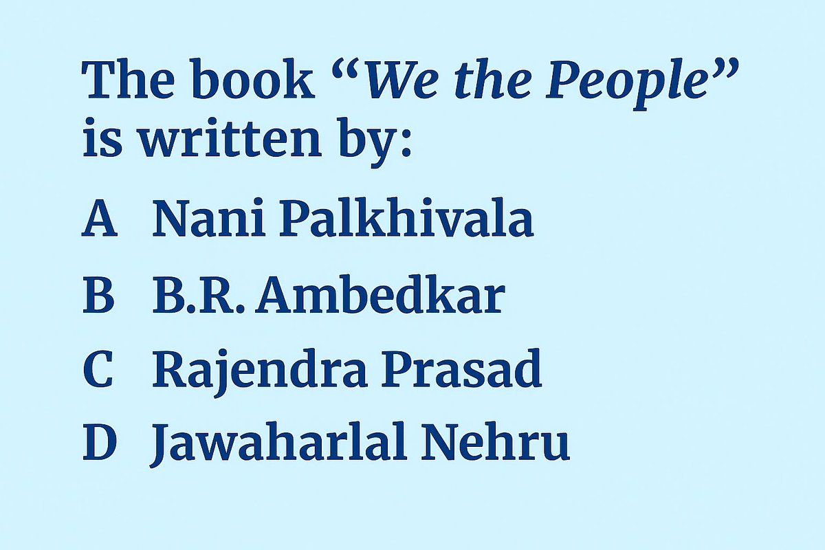 cematerial's tweet image. General Knowledge🔔🔔🔔:

The book “We the People” is written by:

#Generalknowledge #UPSC #SSC #RRB #CompetitiveExams #BPSC #UPSCPrelims2026