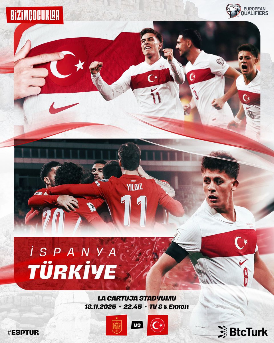 MilliTakimlar's tweet image. A Millî Takımımız, 2026 FIFA Dünya Kupası Avrupa Elemeleri E Grubu altıncı ve son maçında bu akşam deplasmanda İspanya ile karşı karşıya gelecek. 🇹🇷
 
#BizimÇocuklar I #ESPTUR I #FIFAWorldCup I @btcturk