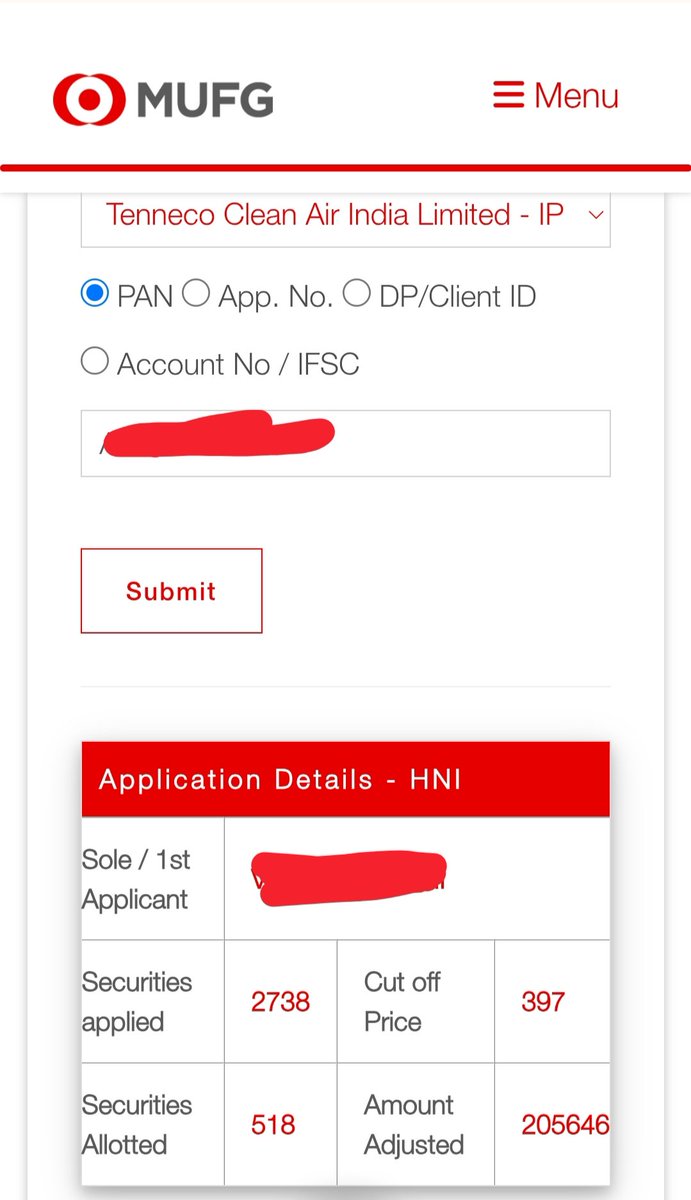 Excited to share that I've received 1 lot in the Tenneco Clean Air IPO under the BNHI category!

​Fingers crossed for a positive listing tomorrow! 🚀 Let's go TENNIND!

​#TennecoIPO #IPOAllotment #StockMarket #Investing