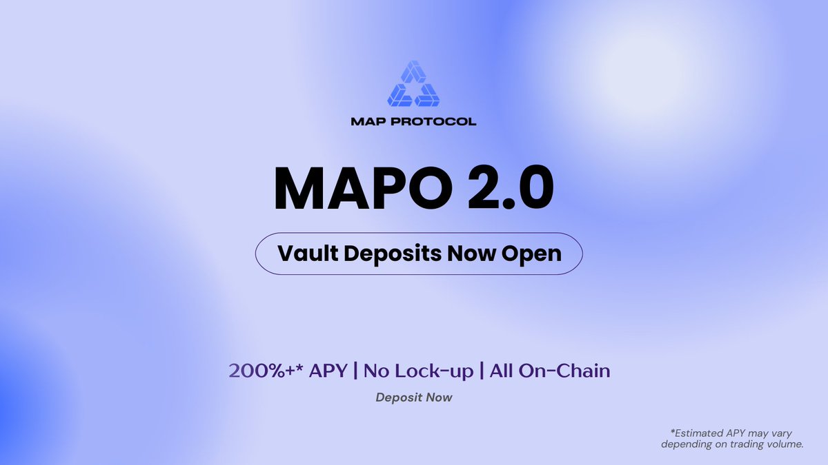 MapProtocol's tweet image. 🚀 Liquidity is LIVE!
Join the Vault, earn 200%+ APY (no lock-up) with USDT.  

Deposit now: liquidity.mapprotocol.io
#MAPProtocol #MAPO