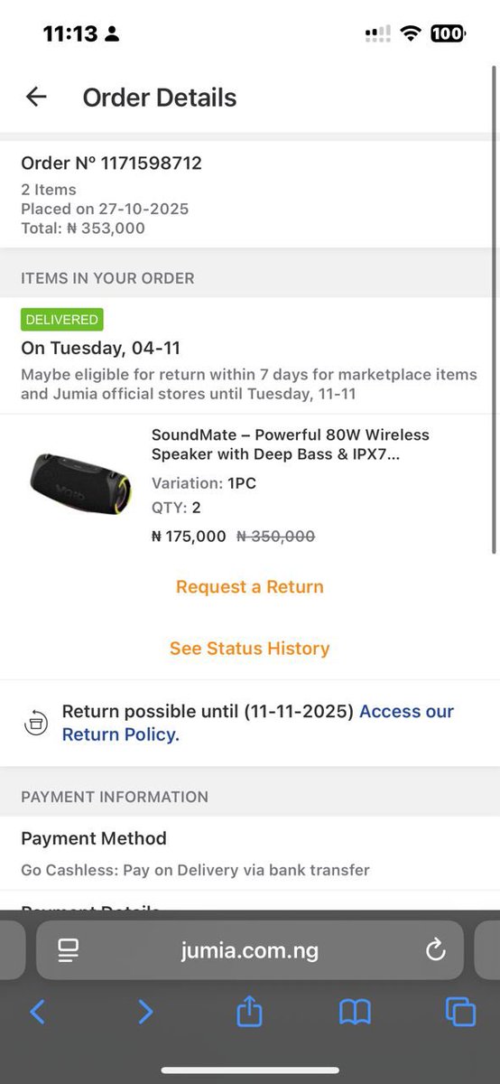 ros4nge's tweet photo. @JumiaNigeria Explain how two of speakers can fit into this box. 

And why will your delivery agent blatantly lie???? From this order receipt you can see that the quantity is 2pcs. 

And the total is for two items. 
He says it’s 1pc because of the variation. https://t.co/Se75IeAfAA