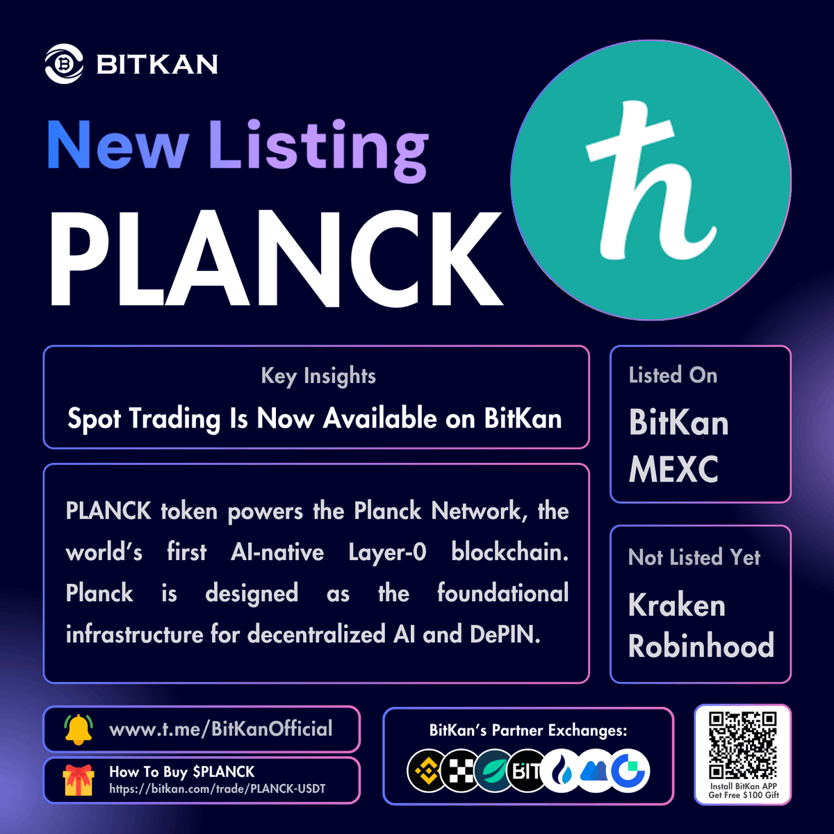 🔥 New Listing: <a href="/plancknetwork/">Planck</a> #PLANCK spot trading pair is now available for trade on BitKan Crypto Exchange 

$PLANCK Spot Trading Pair:
bitkan.com/trade/PLANCK-U…

Official #BitKan Announcement
bitkan.com/notices/detail…

Free $100 New User Sign-Up Gift:
bitkan.com/account/signup…