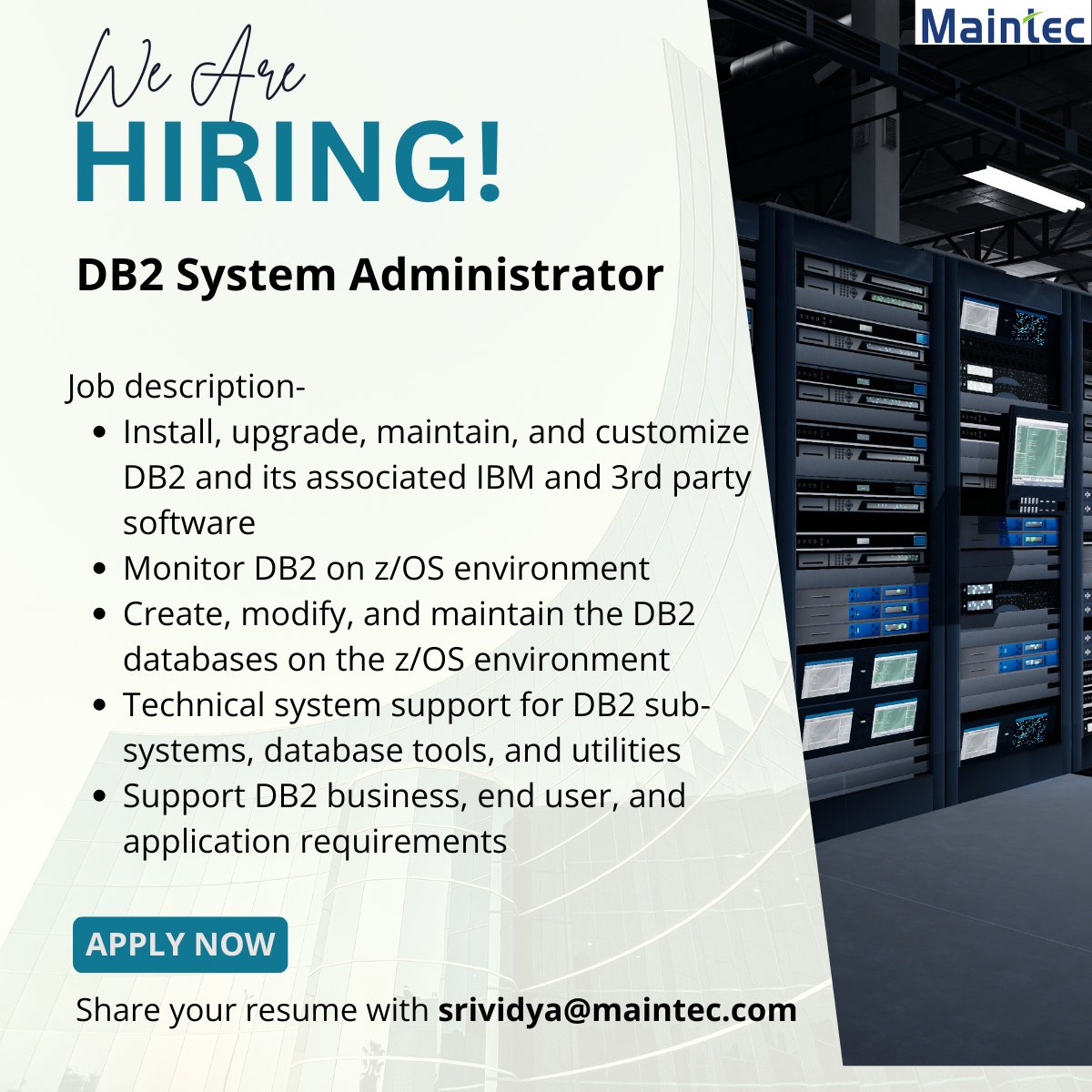 Maintec_Tech's tweet image. We are hiring!
DB2 System Administrator
Location- #dallas
If interested, share your resume with srividya@maintec.com
#jobsearch #jobs #JobOpportunity #jobopportunities #hiring #hiringnow #jobalert #hiringalert #Mainframejobs #zos #systemadministrator #Maintec  #jobsearching #db2