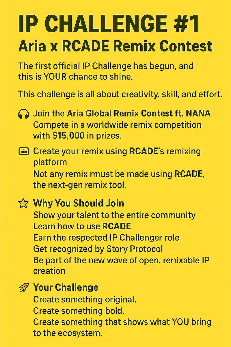 hama78611168123's tweet photo. IP Challenge #1 is live!
Join the Aria x RCADE Remix Contest and compete for $15,000 in prizes 

Use RCADE’s remix platform, show your creativity, and earn your spot as an IP Challenger.

This is your moment to shine. Are you in?
#StoryProtocol #RCADE #AriaRemix #IPChallenge https://t.co/LoSIdtuAu7