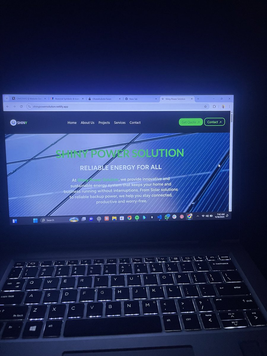 100OMOTAYO's tweet image. A clean, responsive energy solutions website built with: React + React Router, Reusable components, Custom hooks, Responsive UI with Tailwind CSS, Optimized asset loading &amp;amp; smooth navigation 
Proud of how this turned out!
shinypowersolution.netlify.app

#ReactJS #frontenddevelopers