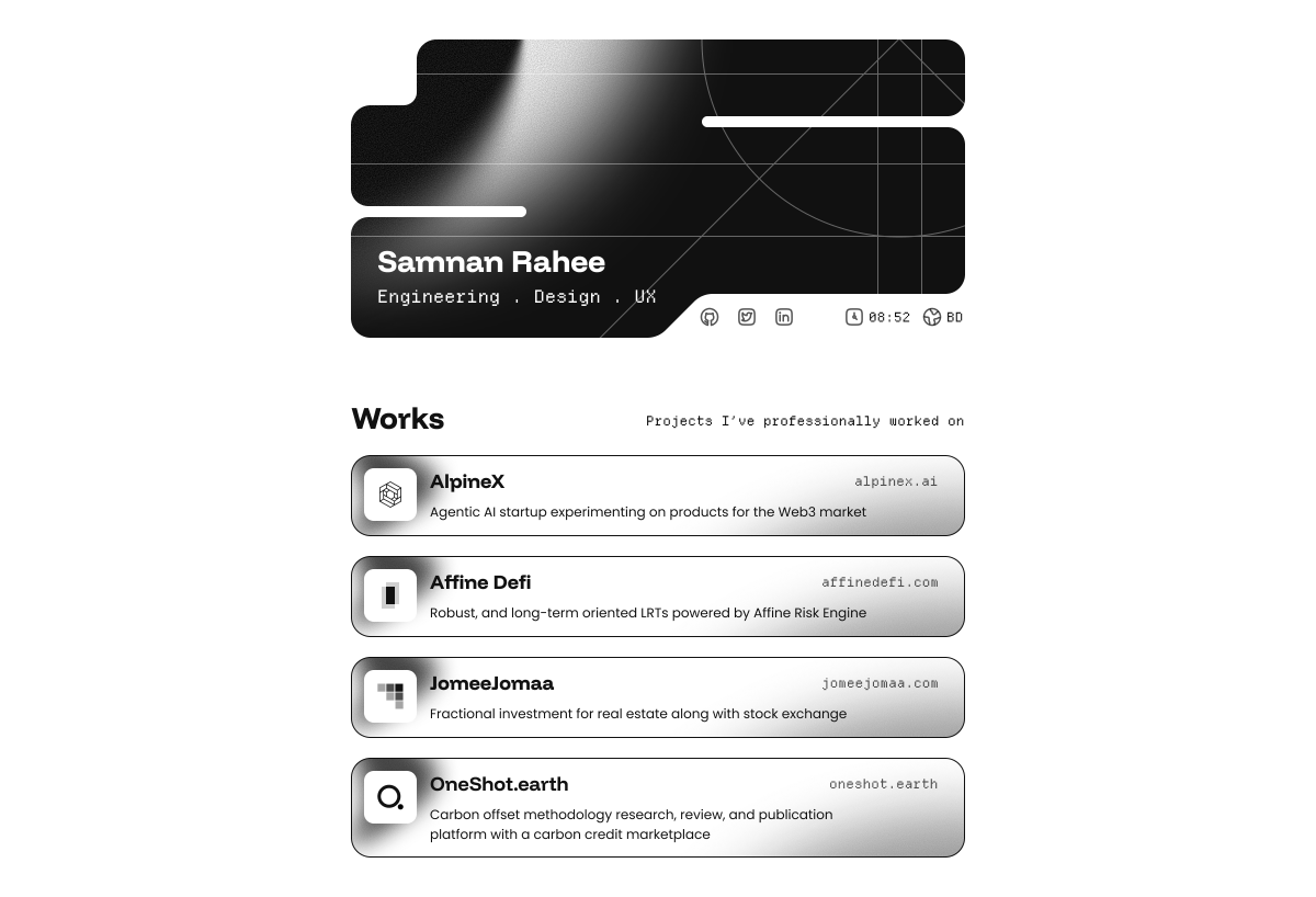 SamnanRahee's tweet photo. Early design exploration for my portfolio 👀 I'm kinda proud of how the top section came along, the cards are kinda meh - gotta do some more work on that! https://t.co/M4Iekio9Sl