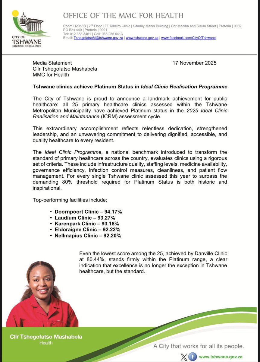 MMC_Tshegofatso's tweet image. Tshwane clinics achieve Platinum Status in Ideal Clinic Realisation Programme.