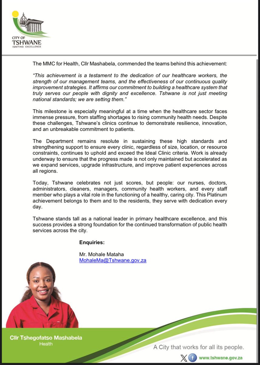 MMC_Tshegofatso's tweet image. Tshwane clinics achieve Platinum Status in Ideal Clinic Realisation Programme.