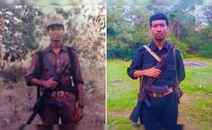 Two side-by-side photographs show men in military-style attire holding rifles. The left image is faded and sepia-toned, depicting a man with a mustache wearing a cap, vest, and pants, standing in a wooded area with trees in the background. The right image is in color, showing a man with short hair wearing a dark shirt, pants, and a sash, standing on grassy ground with trees and foliage behind him. Both men appear to be in forested outdoor settings.