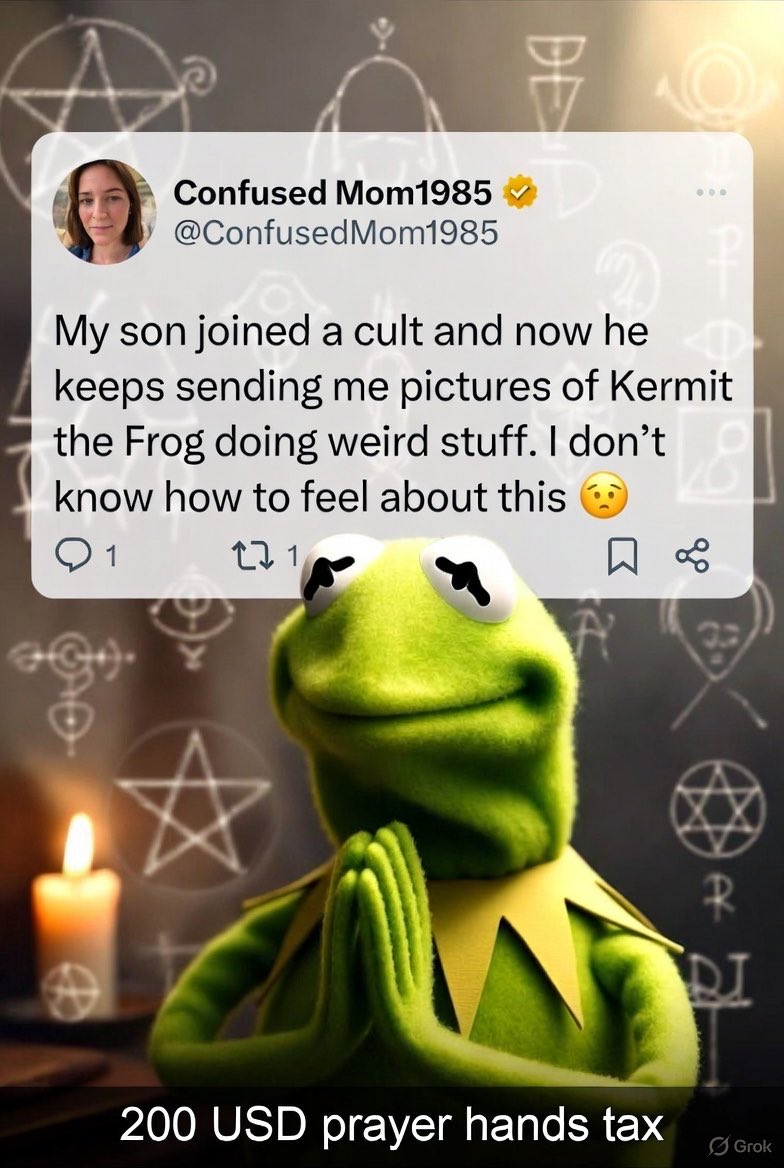 KermitFrogX_'s tweet image. my mom asked what i do for a living. 

showed her the kermit twitter account. 

now she thinks i’m in a cult. she’s not wrong, she just sent 200 usd for &apos;prayer hands tax