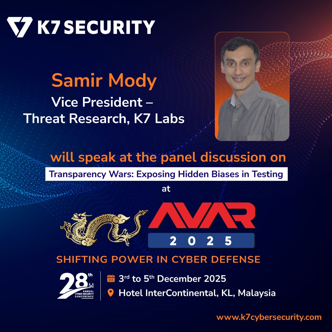 k7computing's tweet image. K7 Computing’s Samir Mody will speak at the panel discussion on maintaining impartiality in cybersecurity testing and fostering trust in testing at AVAR 2025 on 5 December 2025 – events.aavar.org/cybersecurity-…