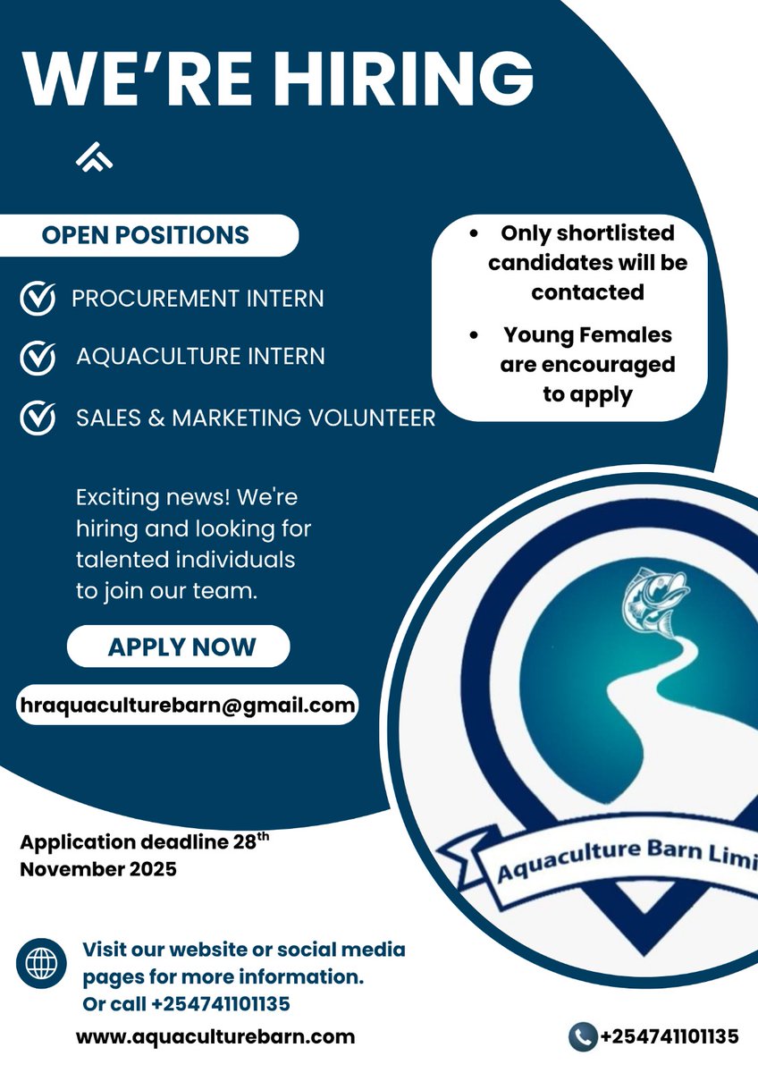 We are currently looking for passionate individuals to join us as a Procurement Intern, Aquaculture Intern, and Sales &amp; Marketing Volunteer.
Learn more about each role by visiting the Careers page on our website: aquaculturebarn.com/career