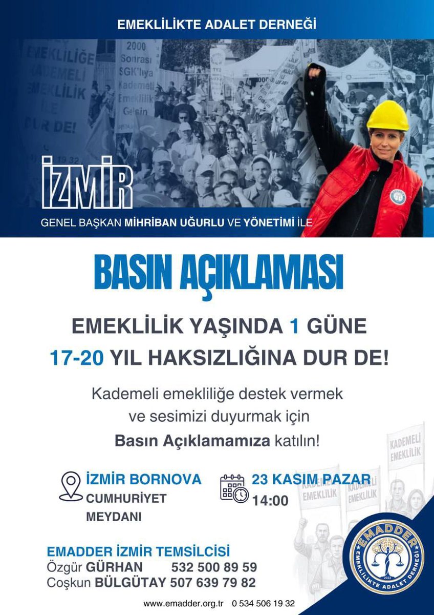 İzmir’den yükselen adalet çağrısı için buluşuyoruz!

Yıllardır alın teriyle çalışan insanların emeklilik yaşında 1 güne 17-20 yıl eklenmesini kabul etmiyoruz.
Bu haksızlık hepimizin hayatını, ailelerimizi ve geleceğimizi etkiliyor.
Artık sesimizi duyurma zamanı geldi.

Kademeli