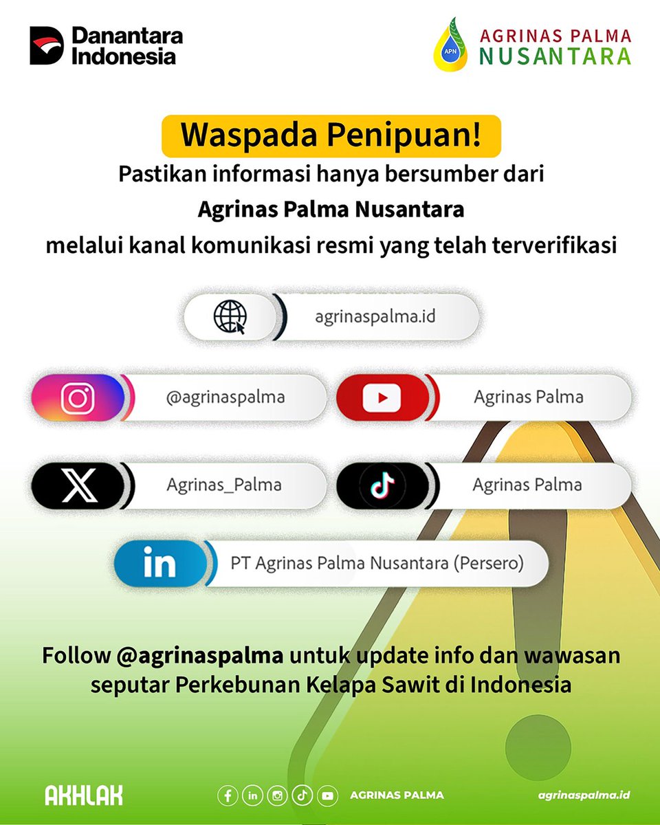 PT Agrinas Palma Nusantara (Persero) membuka 14 peluang karier bagi talenta terbaik bangsa.

Mari bergabung membangun tata kelola sawit yang lebih modern, transparan, dan berkelanjutan. 

Informasi resmi dan pendaftaran:
👉 agrinaspalma.co.id/index.php/kari…

Agrinas Palma Nusantara untuk