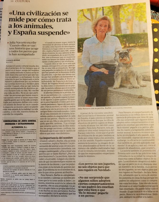 Julia Navarro y esta bonita entrevista con motivo de su libro, Cuando ellos se van <a href="/PlazaYJanes/">Plaza&Janes Lectores</a> la publicó <a href="/abc_es/">ABC.es</a>  <a href="/IgualdadAnimal/">Igualdad Animal</a> <a href="/PartidoPACMA/">PACMA</a>