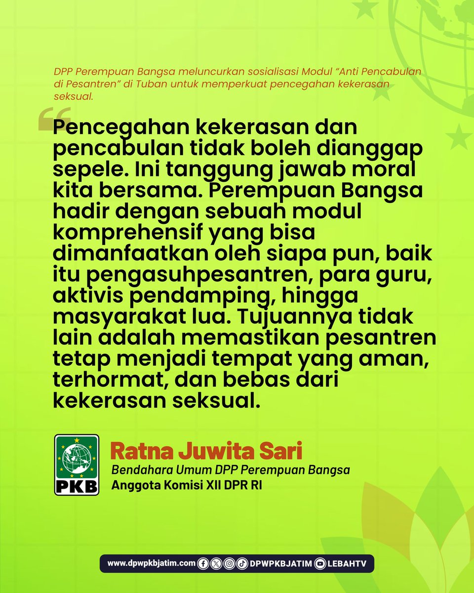 Perempuan Bangsa Resmi Kick Off Modul Anti Pencabulan di Pesantren
Upaya mencegah kekerasan seksual tidak boleh berhenti di wacana. Hari ini, Perempuan Bangsa menghadirkan modul komprehensif yang bisa digunakan pengasuh pesantren, guru, pendamping, hingga masyarakat luas

#PKB