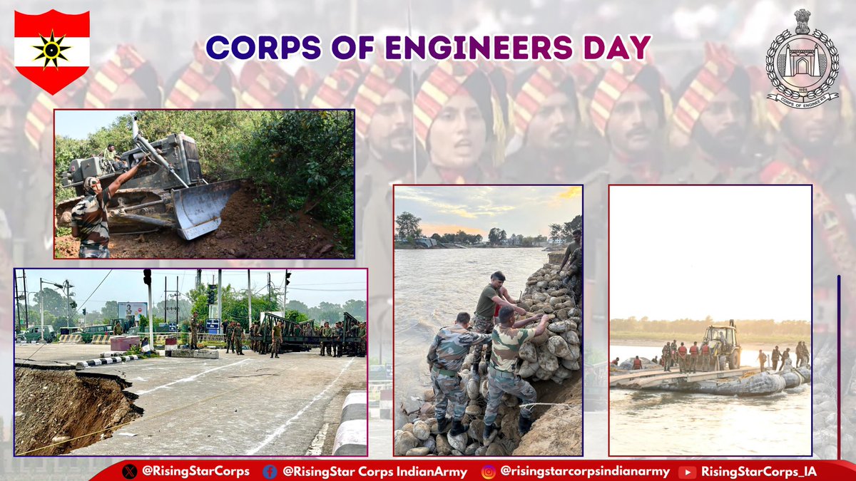 #IndianArmy
#YearofTechAbsorption

GOC Rising Star Corps and all ranks convey best wishes to All Ranks, #Veterans and Families of Corps of Engineers on the occasion of Corps Day

<a href="/adgpi/">ADG PI - INDIAN ARMY</a>
<a href="/westerncomd_IA/">Western Command - Indian Army</a>
