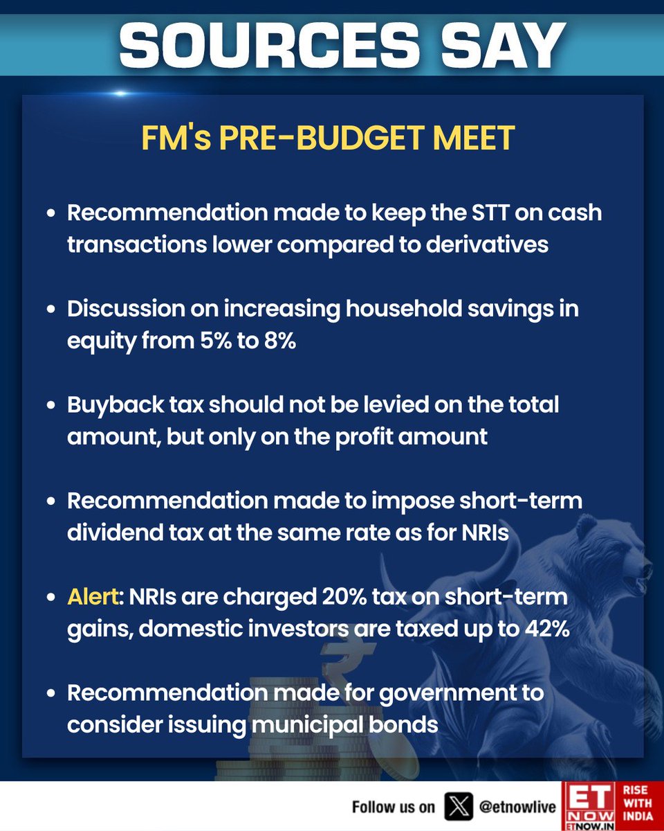 ETNOWlive's tweet image. #Exclusive | FM’s pre-Budget meet highlights key recommendations, from lowering STT and boosting equity savings to reworking taxes and exploring municipal bonds, #sources tell #ETNOW

@priyadarshi108 #Budget #StockMarket