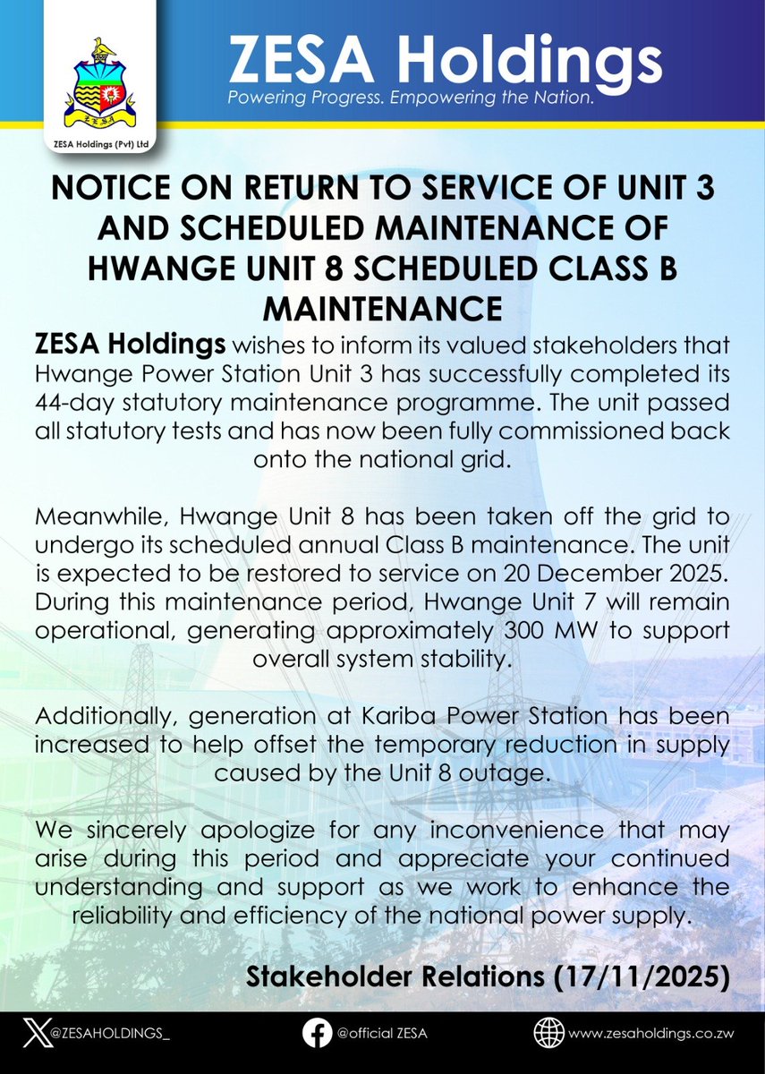 ZESA Restores Hwange Unit 3, Takes Unit 8 Offline for Scheduled Maintenance.

ZESA Holdings has announced that Hwange Power Station Unit 3 has successfully completed its 44-day statutory maintenance programme and has been fully returned to service after passing all required