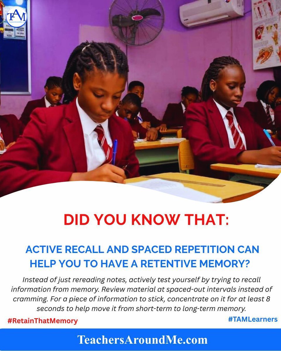 TeachersAround's tweet image. Instead of just rereading notes, actively test yourself by trying to recall information from memory. #ActiveRecall #SpacedRepetition #MemoryHacks #StudySmart
#LearnEfficiently #8SecondRule #LongTermMemory #EffectiveStudying #BoostYourBrain #Students #Education #TeachersAroundMe