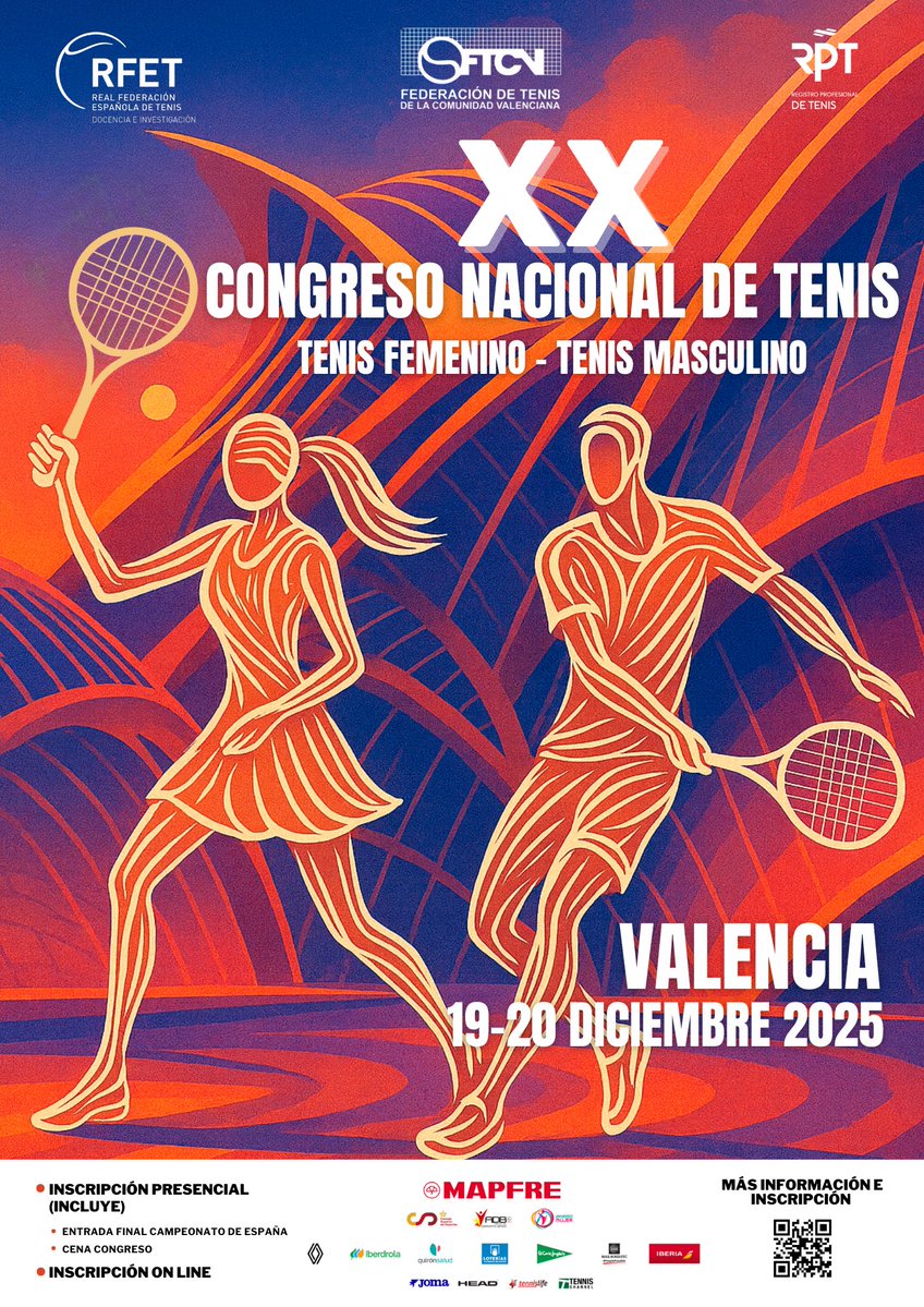 ‼️INSCRIPCIONES ABIERTAS ‼️

Ya puedes reservar tu plaza para el XX Congreso Nacional de Tenis que tendrá lugar en el Campeonato de España de Tenis Absoluto 

📅 19-20 Diciembre 
Sporting Club de Tenis
📍 Valencia

<a href="/RFETenis/">Tenis España</a> 
<a href="/fedteniscv/">Federación de Tenis de la Comunidad Valenciana</a> 
<a href="/rptenis/">RPTenis</a> 

mailchi.mp/rptenis.org/xx…