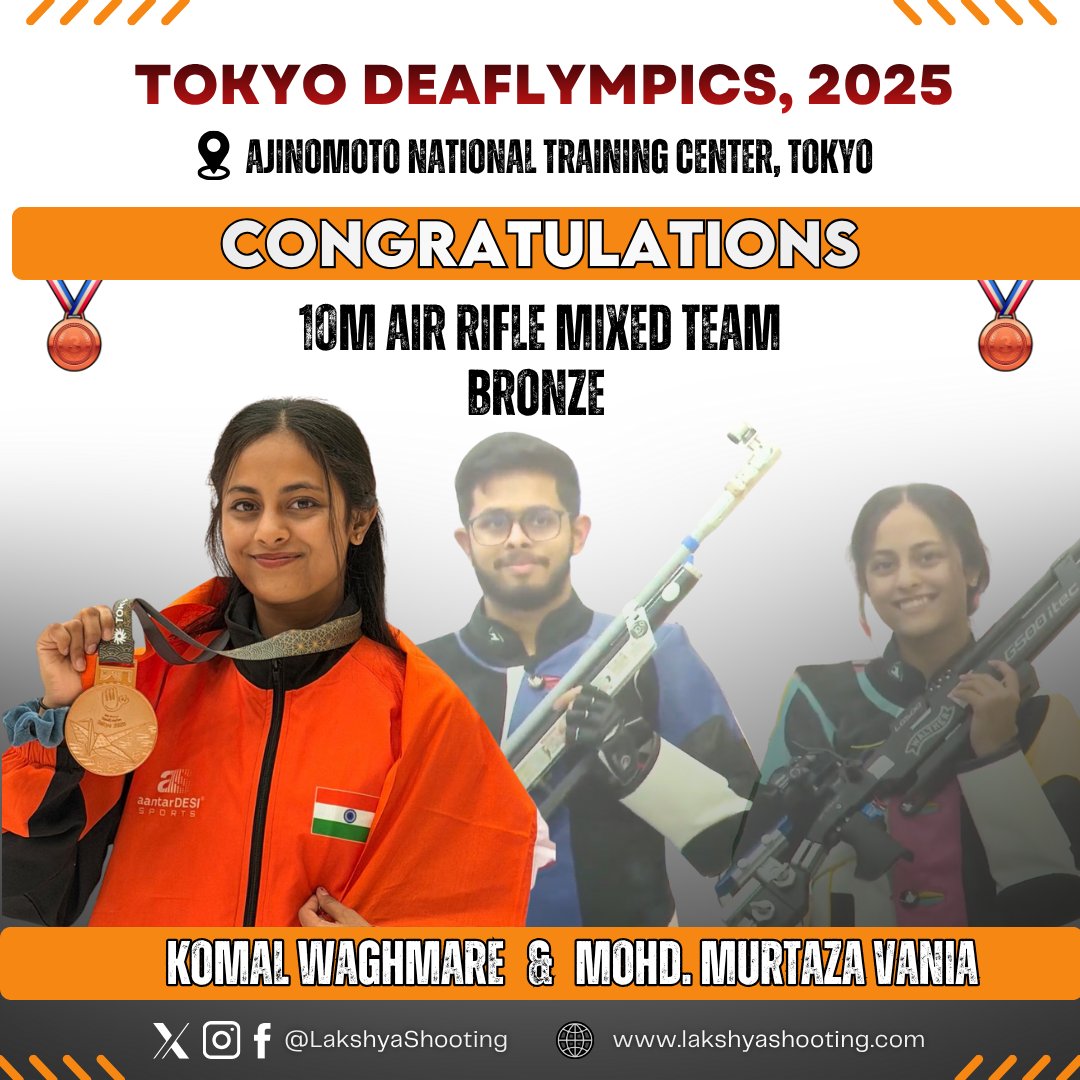 Two bronze medals in two days. Komal Waghmare wins in 10m Air Rifle Women &amp; Mixed Team (w/ Murtaza Vania) at Tokyo Deaflympics. Our athlete delivered when it counted. Double medal magic!

#LakshyaShootingClub #KomalWaghmare #TokyoDeaflympics #BronzeMedal #IndiaTeam #LSCAthletes