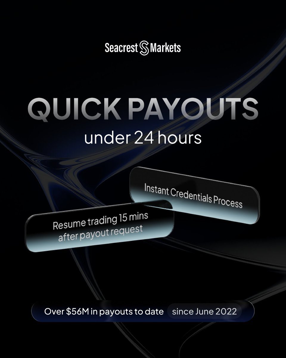 tmm_backup's tweet image. QUICK PAYOUTS @seacrestmarkets 

Instant credentials Process
Resume trading in 15minutes 
Get paid under 24 hours 

Signup: fundedtech.seacrestmarkets.io/purchasechalle…

We also have giveaways coming so stay tuned!!