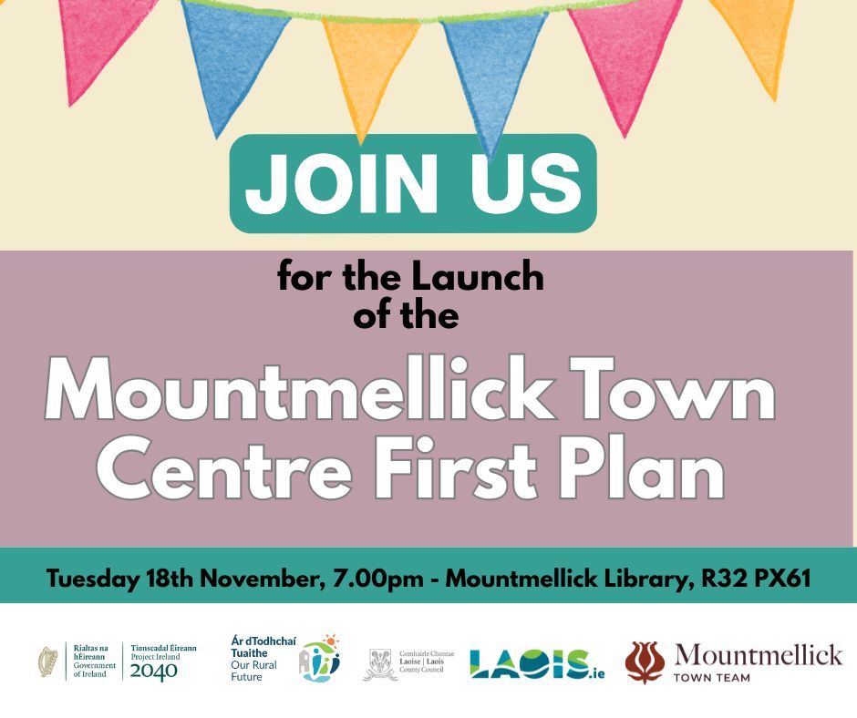 Today's the day when we unveil the  Mountmellick Town Centre First Plan. Join us at Mountmellick Library this evening from 7pm to celebrate the launch of this strategic plan for the future regeneration of the town.

#DeptDRCDG #OurRuralFuture #TownCentreFirst #TownRegeneration