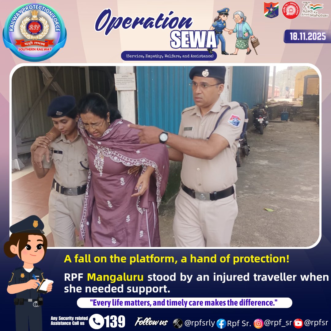 rpfsrly's tweet photo. A fall on the platform, a hand of protection — RPF MAQ stood by an injured traveller when she needed support.”
 #RPF #RailwayProtectionForce #Mangaluru #RailwaySafety #TimelyHelp #PassengerFirst #OnDutyAlways #SouthernRailway https://t.co/Nr4JAswUMd
