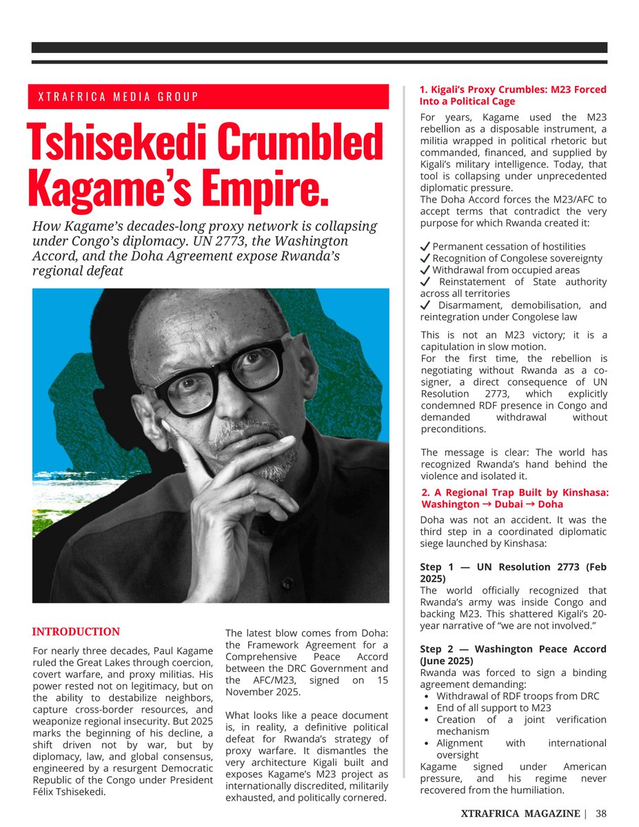 FULL TEXT " ⚠️ How Kagame’s Regional Empire Is Crumbling by Congo’s Diplomatic Siege

For nearly three decades, Paul Kagame ruled the Great Lakes through coercion, covert warfare, and proxy militias. His power rested not on legitimacy, but on the ability to destabilize neighbors,