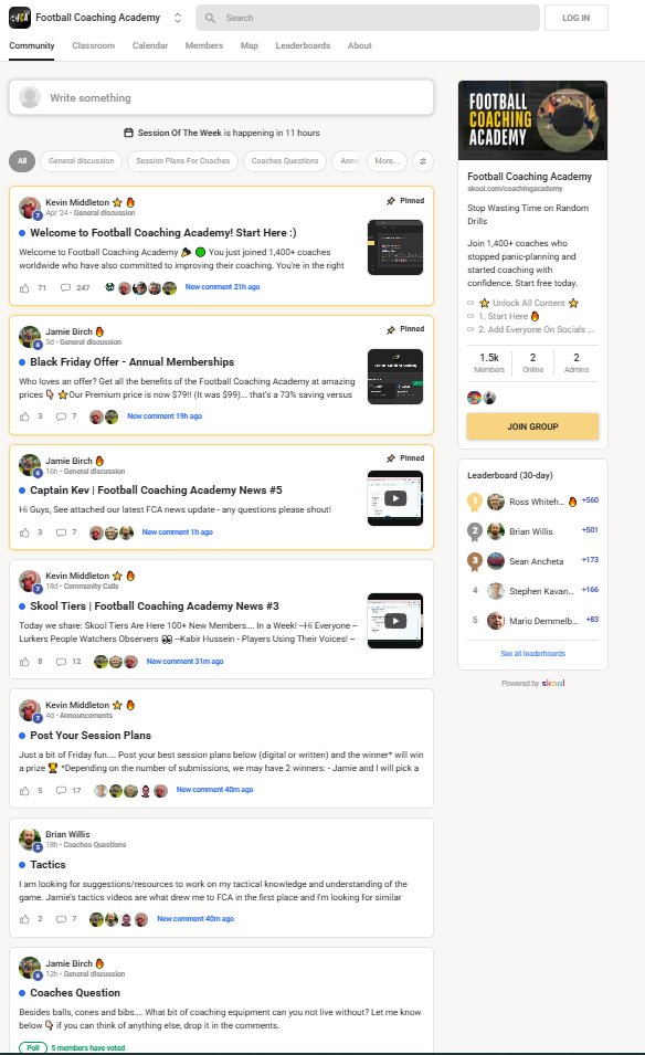 coach_kevin_m's tweet image. 10/

Now, I steer WhatsApp members &amp;amp; X followers to the Football Coaching Academy

1,500+ coaches enjoy an organised, threaded, searchable community where structure meets conversation, in a highly engaged way (400+ interactions per day)

Join Free 👇

skool.com/coachingacademy