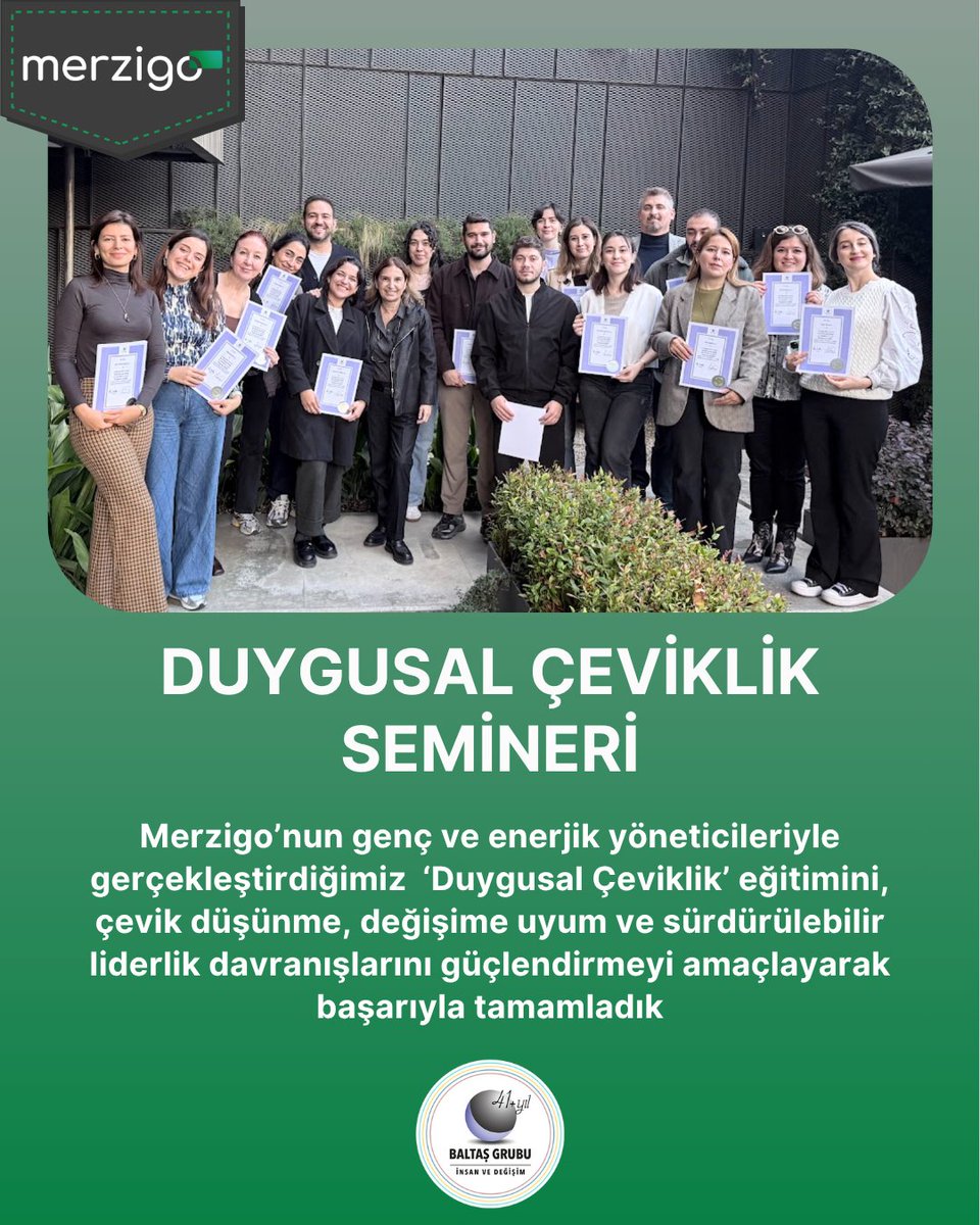 baltasgrubu's tweet photo. Merzigo’nun genç ve enerjik yöneticileriyle yürüttüğümüz Lider Gelişim Yolculuğu’nun son programı olan “Duygusal Çeviklik” eğitimini, çevik düşünme, değişime uyum ve sürdürülebilir liderlik davranışlarını güçlendirme hedefiyle başarıyla tamamladık. 

#İnsanveDeğişim #Merzigo https://t.co/59nfFpo0G2