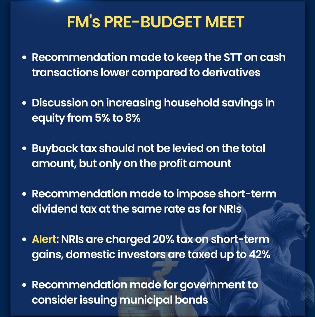 arbindtiwariT's tweet image. #Exclusive 

FM’s pre-Budget meet highlights key recommendations, from lowering STT and boosting equity savings to reworking taxes and exploring municipal bonds, #sources tell 

#Budget #StockMarketIndia @arbindtiwariT #A3RT