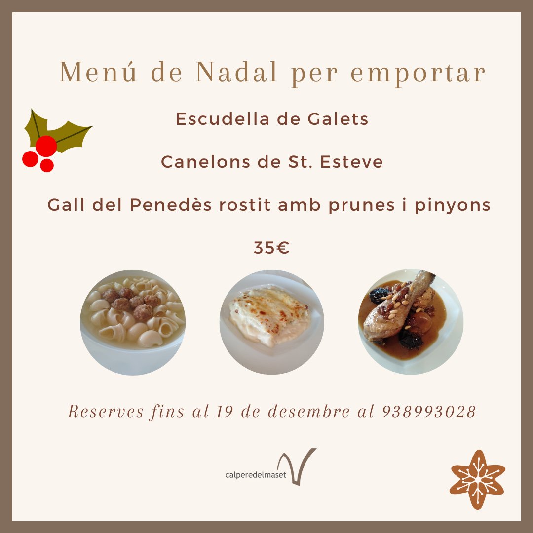 🎄✨ Ja tenim aquí la carta de plats per emportar per aquest Nadal!

A més, també podeu encarregar peix o marisc per completar el vostre menú. I si voleu el maridatge perfecte, us recomanem vins i escumosos perquè l’àpat quedi rodó. 🍾🐟🦐