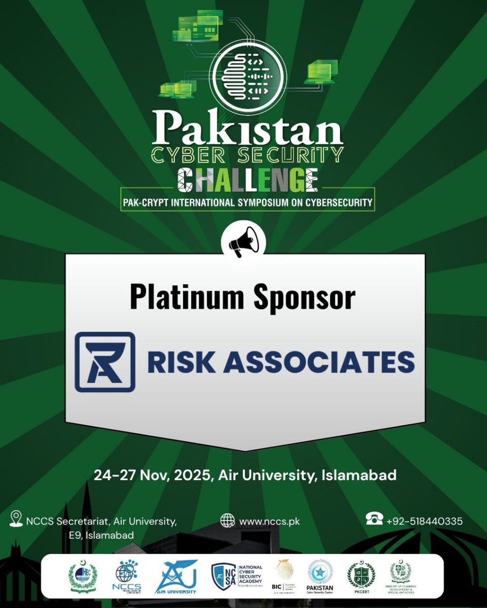 NCCS_Pakistan's tweet image. Proud to announce @riskassociates as a platinum sponsor for the mega event PCC-25