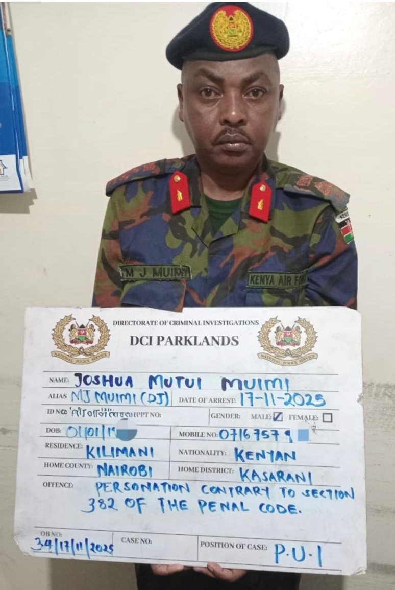 DCI_Kenya's tweet photo. DETECTIVES ARREST AN IMPOSTOR IN KILIMANI 

Parklands detectives have arrested an impostor who has been parading himself as a Kenya Defence Forces (KDF) brigadier, preying on the hopes of innocent citizens and extorting money in the guise of recruitment.

Joshua Mutui Muimi, who had upgraded himself from civilian to “KDF brigadier” without ever seeing a parade square, has been on a money-minting spree, conning hopeful youths with fake recruitment letters to the Recruit Training School (RTS) in Eldoret.

Acting on intelligence, detectives cornered him inside his rented Kilimani apartment, where he was found fully kitted out in Kenya Air Force regalia.

A meticulous search inside the house peeled back the truth. Detectives recovered documents bearing the Ministry of Defence logo, including six fake admission letters bearing the same serial number, seven fingerprint forms, and a Yilmaz Defence Industry ammunition manufacturing manual, among other incriminating materials.

The suspect is now in custody undergoing processing pending arraignment.

The Directorate of Criminal Investigations (DCI) is urging the public to remain vigilant and shun shortcuts in the security sector recruitment process, as genuine enlistment is free, fair and transparent.

Report any suspicious approaches to the nearest police station or through #FichuaKwaDCI. Call 0800 722 203 (Toll-free) or WhatsApp at 0709 570 000 to report anonymously. Usiogope!