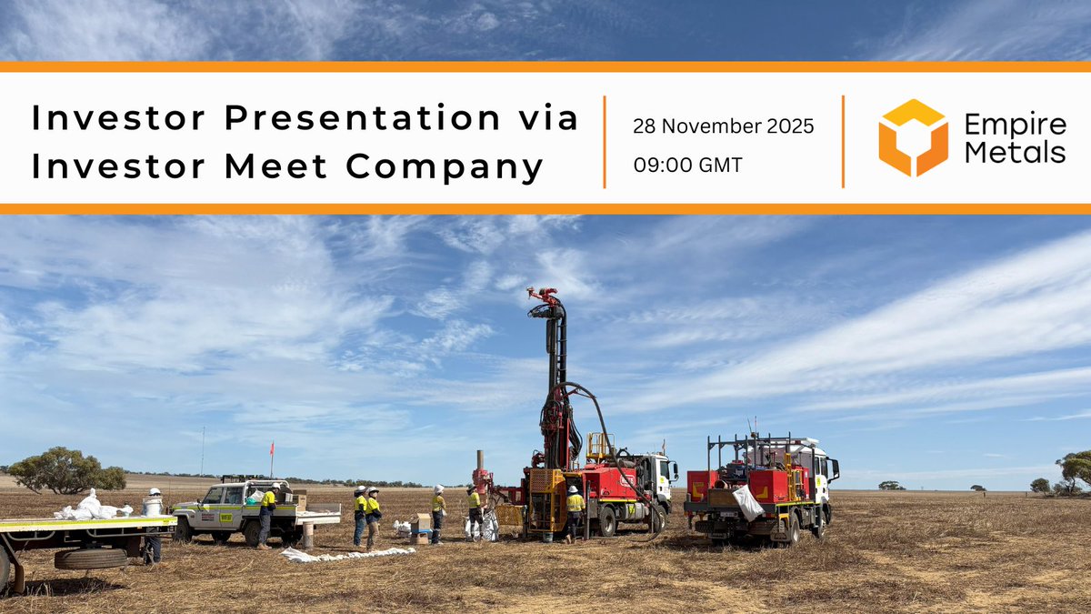 Empiremetalsltd's tweet image. We are hosting an Investor Presentation live on @InvestorMeetCo at 9am GMT on 28 Nov 2025.

Shaun Bunn and Greg Kuenzel will update on Pitfield progress and upcoming milestones, followed by a Q&amp;amp;A session.

Register now 👉 investormeetcompany.com/empire-metals-…

#EEE