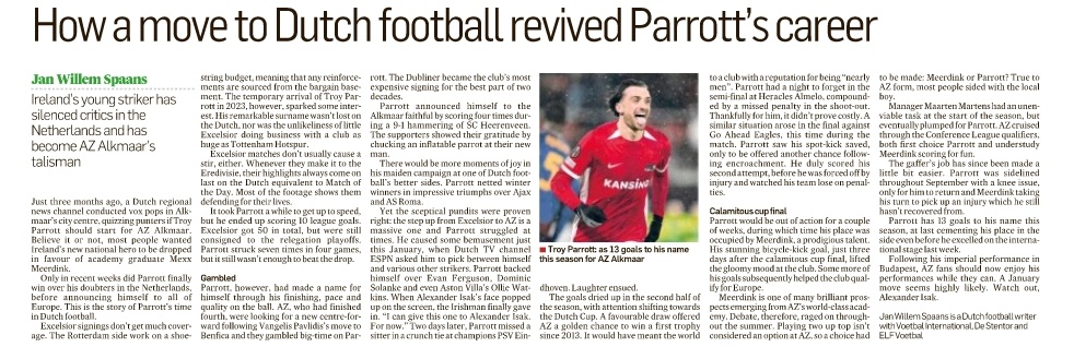 Dit was nog 'ns leuk. Gisteren ging de telefoon. Of ik een stukkie wilde tikken voor de <a href="/IrishTimesSport/">Irish Times Sport</a> over Troy Parrott en zijn tijd in Nederland. Dat heb ik met heel veel plezier gedaan!