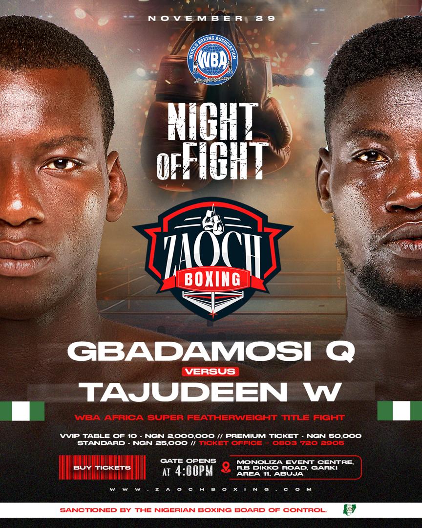 Fightgistmedia's tweet image. 🇳🇬Nigerian boxer Gbadamosi Quadri will take on fellow countryman Tajudeen Wale in a welterweight clash on the #TopeMartin card in Abuja.

⏰️ 4:00pm
📅 Saturday, Nov 29th, 2025.
📍Monoliza Event Center, Garki Area II,Abuja,🇳🇬

To get your tickets visit 👇
zaochboxing.com