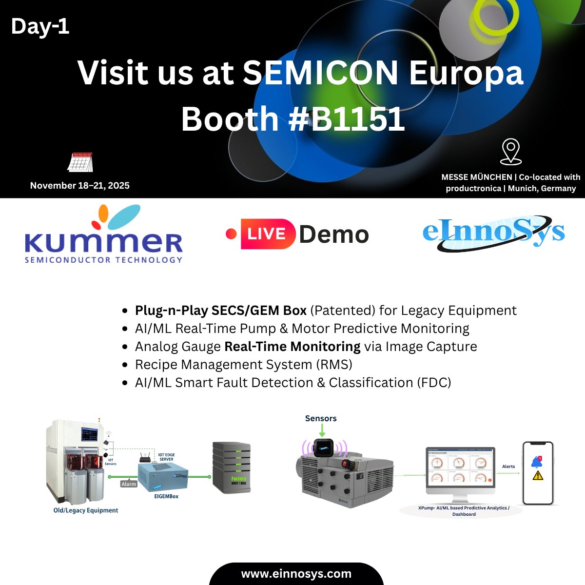 eInnoSys's tweet image. 🚀 eInnoSys x John P. Kummer Group — Booth #B1151 at SEMICON Europa 2025 (Nov 18–21, MESSE MÜNCHEN)

Live demos: Plug-n-Play SECS/GEM Box, AI/ML predictive pump &amp;amp; motor monitoring, analog gauge capture, RMS, FDC.

📩 Book: sales@einnosys.com
 #SEMICONEuropa2025 #SECSGEM
