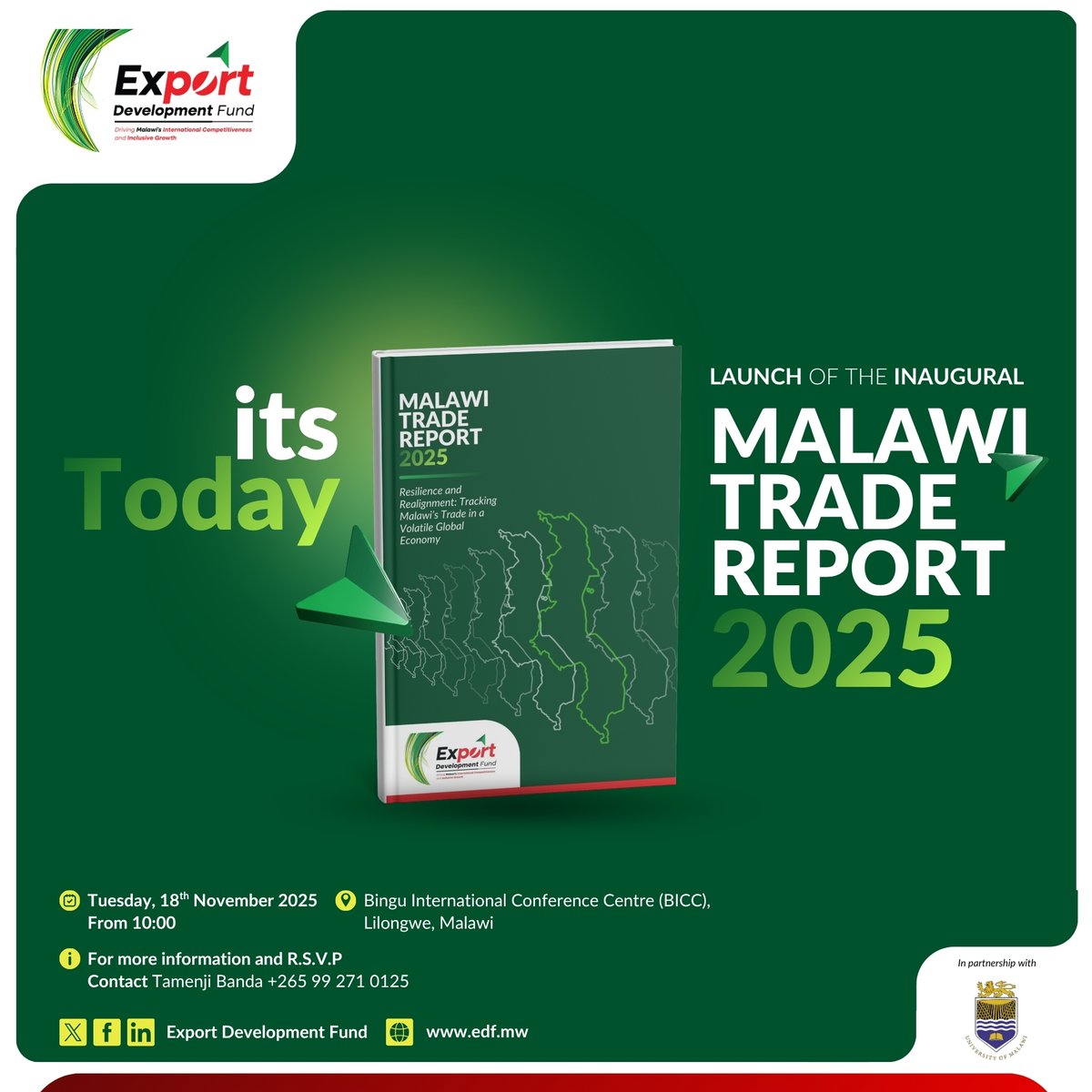 ExportFund's tweet photo. It’s TODAY! 

The Launch of the Malawi Trade Report 2025 is happening at the Bingu International Convention Centre (BICC)!

Join us LIVE on Times 360 Malawi at 10:00 a.m.

#MalawiTradeReport2025 #MTRLaunch #TradeInsights https://t.co/WxIFWNtfE0