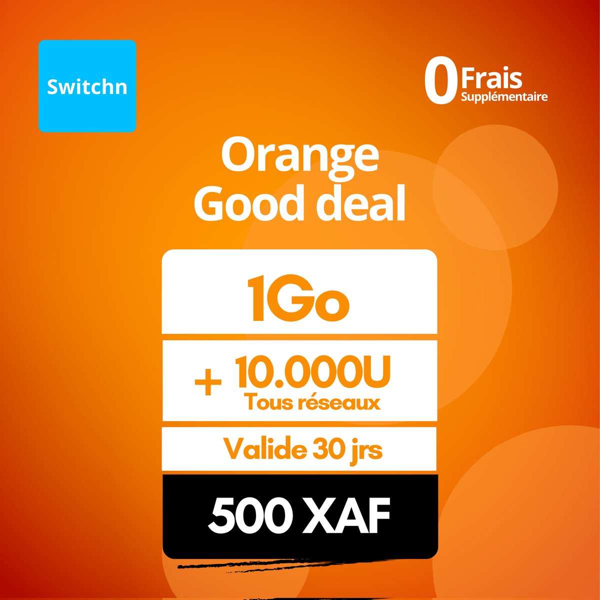 SwitchnLtd's tweet image. Donc tu n’as pas encore souscris à ton forfait OrangeGooddeal??
Même celui de 500F= 1Go d’internet + 10,000frs d’appels illimités valide 30 jours?? Vite télécharge l’application SWITCHN pour profiter de ce forfait.
 #DataBundle #orangegooddeal #Switchn