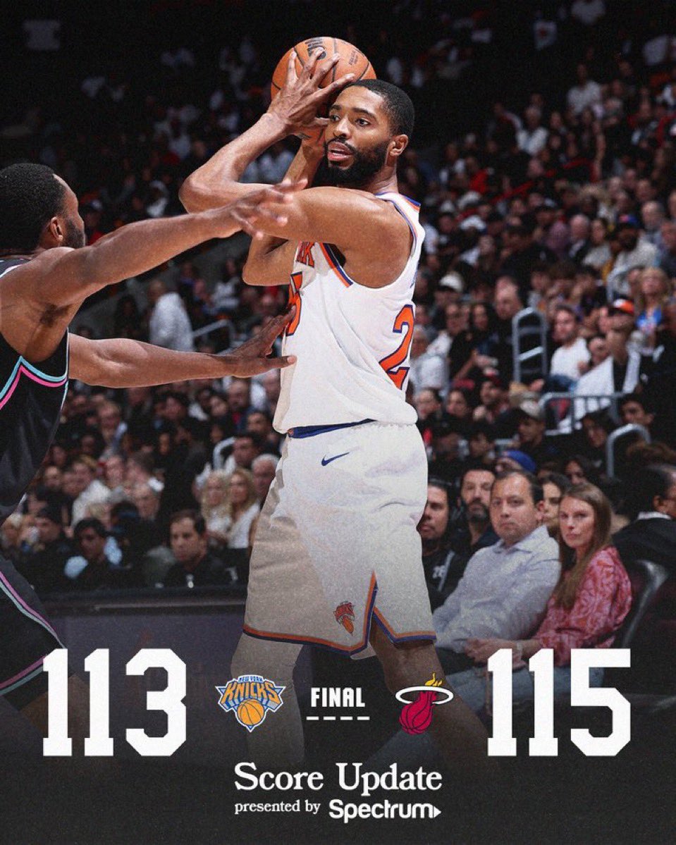 Game 13/82 ❌ 8-5
Tercer partido ya ante Miami y sin dos titulares pasó lo que se olía.Partido igualado que se lo lleva Heat en últimos minutos.

👍McBride y Bridges nos mantuvieron.

👎Volvimos a estar mal en el triple y pese a los números KAT no fue resolutivo

#NewYorkForever