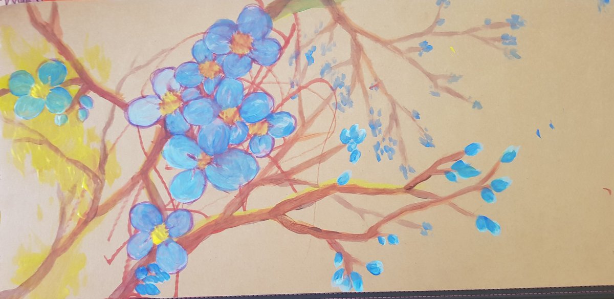 chiramu's tweet image. Painting I did when painting on cardboard with my son ^^, make-believe blossoms I could use for my own world ^^. #painting #sketch #original #blossom #Flowers