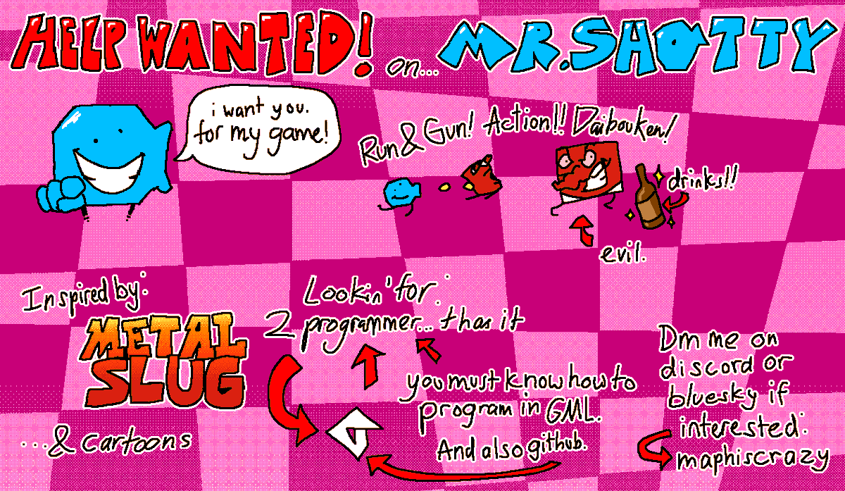 maphiscrazy's tweet image. !!!HELP WANTED!!! i&apos;m working on a run and gun platformer game titled &quot;Mr. Shotty&quot;. please  read the image attached for more information. please spread this  around, thank you!! #gamedev #gamemakerstudio2 #gms2 #metalslug #pixelart