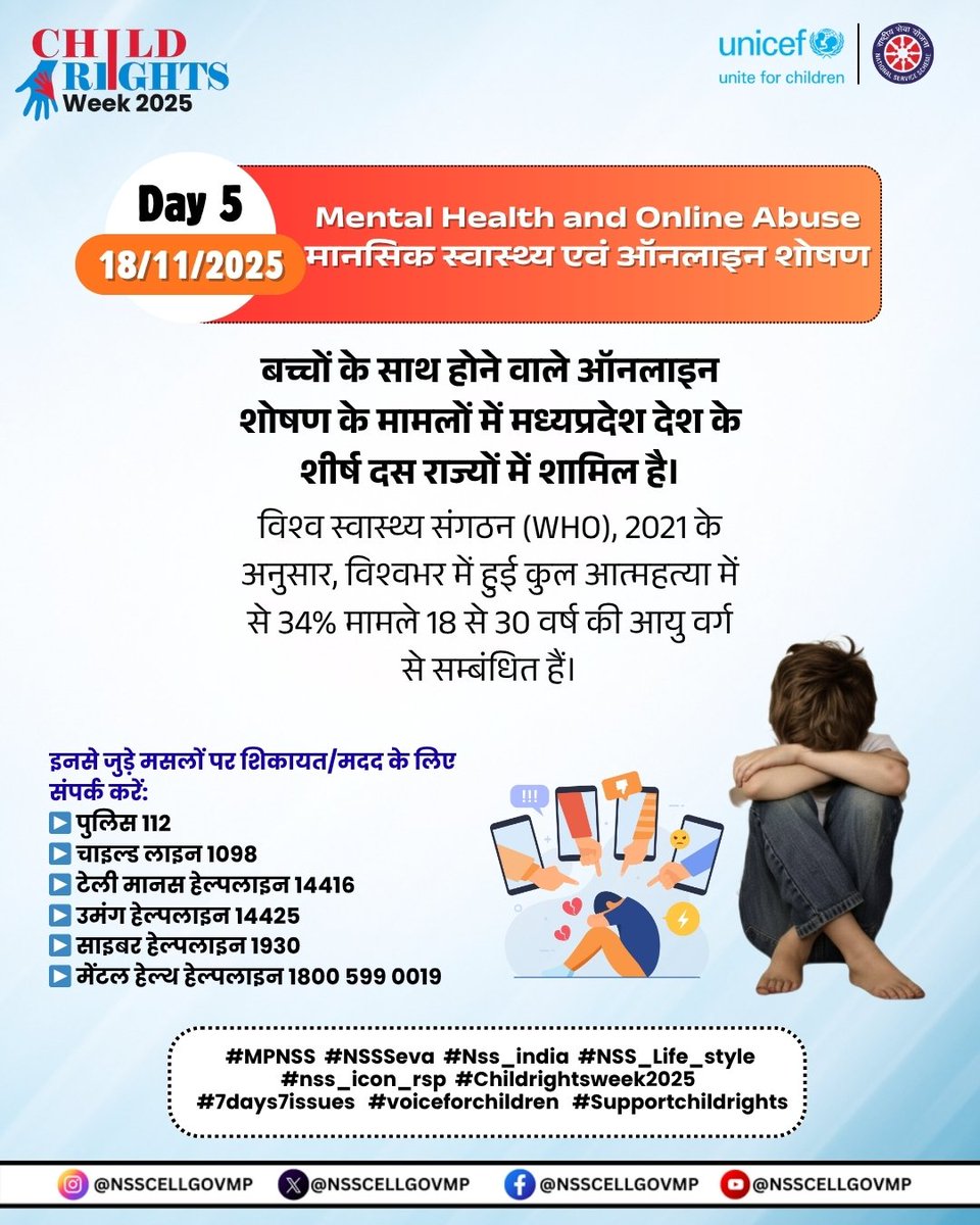 बाल संरक्षण सप्ताह 2025

आज बाल संरक्षण अभियान का पांचवा दिन है और आज का दिन मानसिक स्वास्थ्य एवं ऑनलाइन शोषण पर केंद्रित किया गया है। आइए, <a href="/NSSCELLGOVMP/">NSS MADHYA PRADESH</a> के साथ मिलकर बाल लैंगिक शोषण के उन्मूलन के लिए जागरूकता फैलाएँ और बच्चों के सुरक्षित भविष्य का संकल्प लें।
#MPNSS