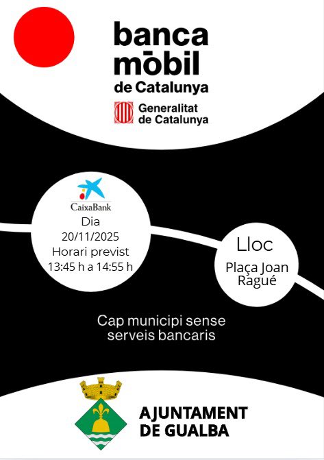 Dijous, 20.11.2025, de 13.45 a 14.55 la banca mòbil de CaixaBank visita Gualba. Podreu trobar l'oficina mòbil a la Plaça Joan Ragué.
#Gualba