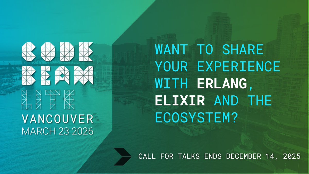 CodeBEAMio's tweet image. 🚨 Code BEAM Lite Vancouver CFP is OPEN! 🇨🇦 Share your BEAM expertise at our INAUGURAL event! Topics: AI on BEAM, Gleam, distributed systems, cloud-native, interoperability, scaling teams. First-time speakers and people from underrepresented groups are welcome!…