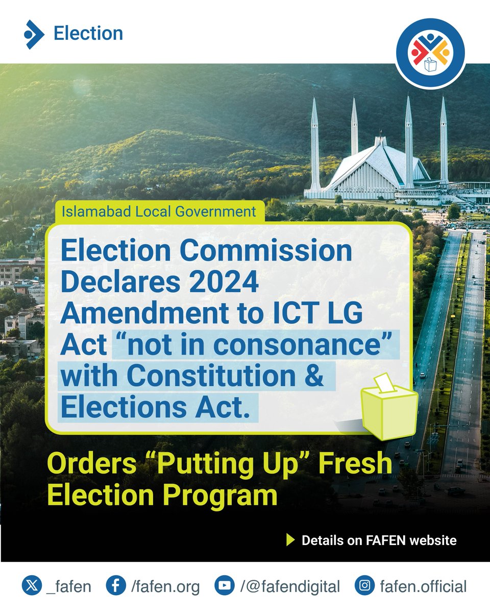 _FAFEN's tweet image. Will Islamabad finally get its mayor? ECP has ordered a fresh election program for the federal capital.
fafen.org/ecp-declares-i…
#Islamabad #LocalGovernance #Elections #FAFEN #Democracy #CapitalWithoutMayor #GrassrootsDemocracy #Article140A #ECP