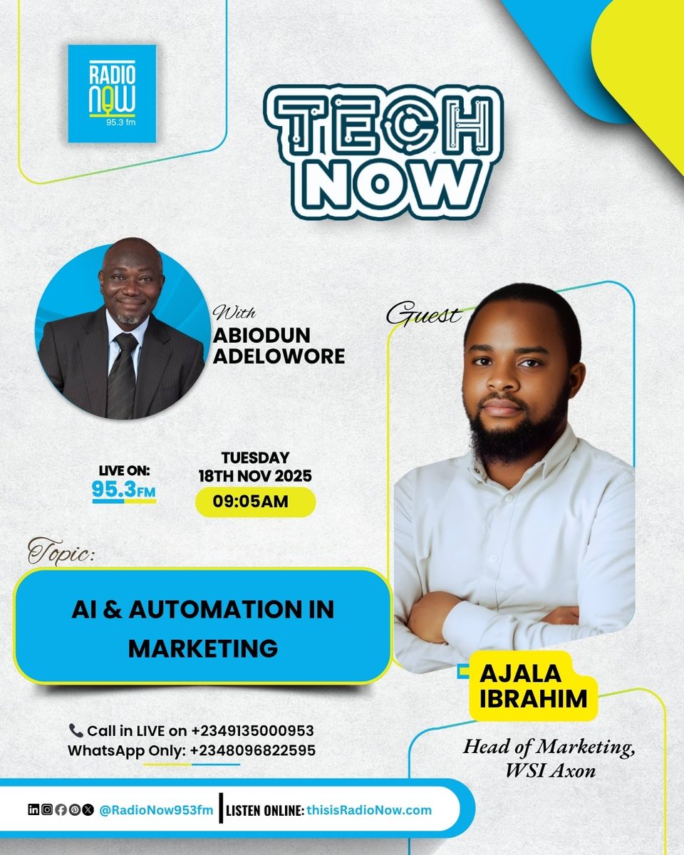RadioNow953FM's tweet image. Today on #TechNow with Abiodun Adelowore (@ifesapo) 💡

👤 Guest: Ajala Ibrahim

🕘 9:05 AM (LIVE)
📻 Radio Now 95.3 FM, Lagos
🌐 thisisradionow.com

📞 0913 500 0953
💬 WhatsApp Only: 0809 682 2595

#RadioNow953FM #digitalmarketing #artificialintelligence #automation